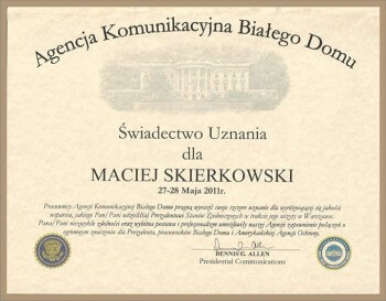 Wynajem limuzyny Warszawa - Certyfikat / Biały dom USA